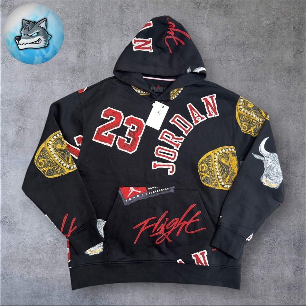 Jordan Brooklyn Fleece AOP Pullover Hoodie Black Red Men's Size XL FN4545-010